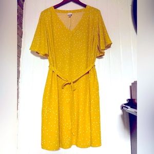 A New Day Tie-Waist Dress, Sunny Yellow/White Polka Dot, Flutter Sleeves, sz XXL